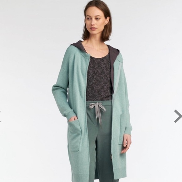 Sandwich_ Mint Green Hooded Open Front Cardigan Sweater Duster Pockets cozy M - Picture 2 of 14